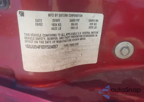 2003 Saturn L-Series L200 z USA, uszkodzony, nr VIN 1G8JU54F03Y524057